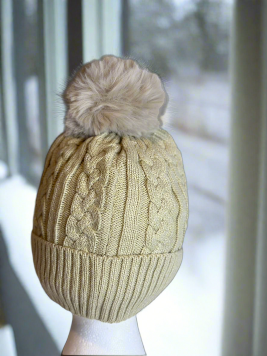 Beige Knitted Single Pom Pom Beanie