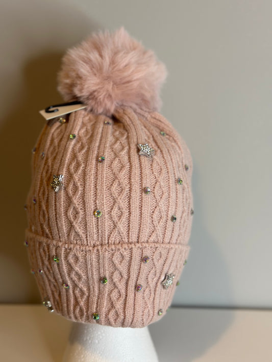 Blush Sparkle Knitted Single Pom Pom Beanie