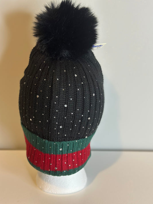 Black Bling w/ Green and Red Stripe Knitted Pom Pom Beanie