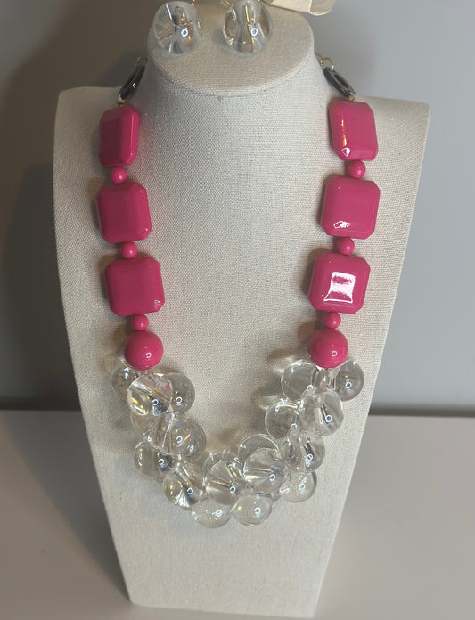 Artistic Fun Piece Hot Pink and Clear Bubble Beads / w Earrings
